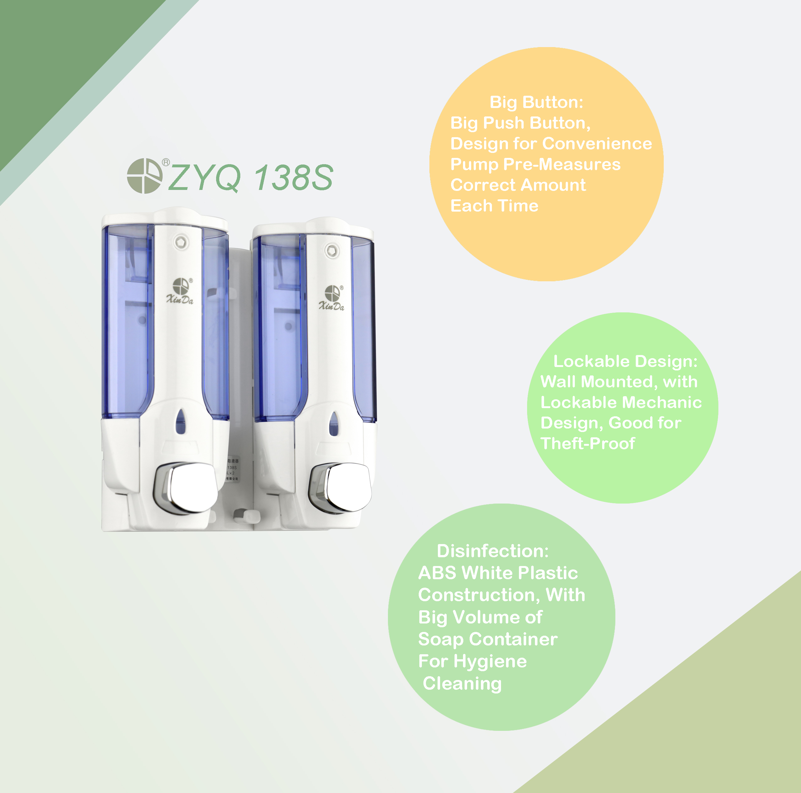 Der Xinda ZYQ138s Funktionaler Seifenspender 380 ML X2 Druckpumpe Kunststoff Weiß Desinfektionsbad Wandmontage mit Schlüsselschloss